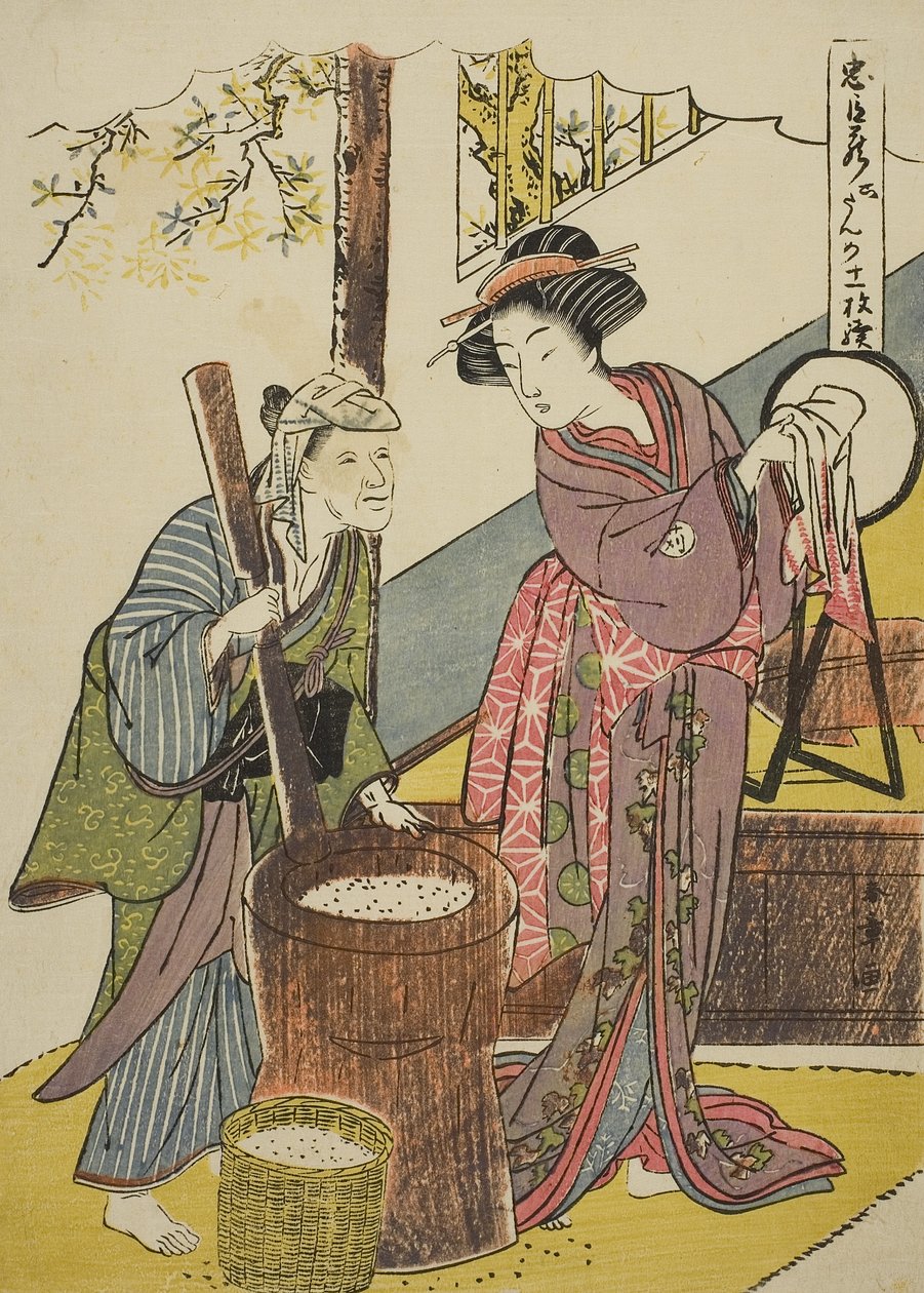 第6幕: 劇「忠臣蔵」より与一兵衛の家、1779-80年頃 (カラー木版画、中盤) 作： 勝川春章
