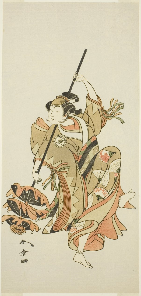 Actor Iwai Hanshirô IV Performs the Triple Umbrella Dance in “Flower of Japan: Ono no Komachi’s Five Characters” (“Kuni no Hana Ono no Itsumoji”) 作： 勝川春章