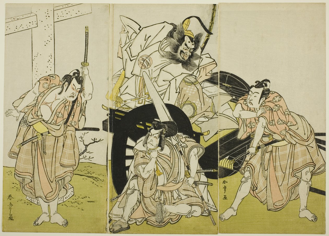菅原伝授手習鑑』の藤原師平役の二代目中島三保右衛門、松王丸役の三代目市川海老蔵、桜丸役の二代目市川瑤蔵、梅王丸役の九代目市村羽左衛門。 作： 勝川春章