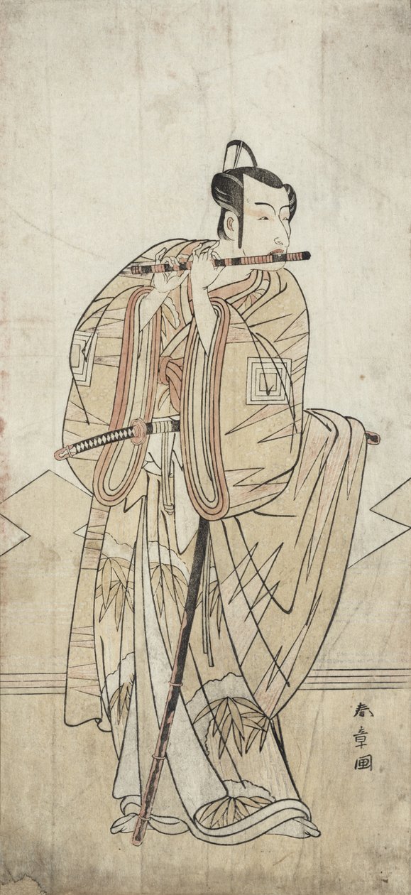 笛を吹く役者（木版画） 作： 勝川春章