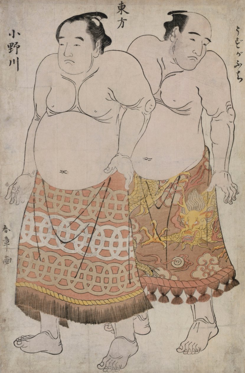 鵜ヶ淵と女川を描いた東部組力士の全身像（色木版画） 作： 勝川春章