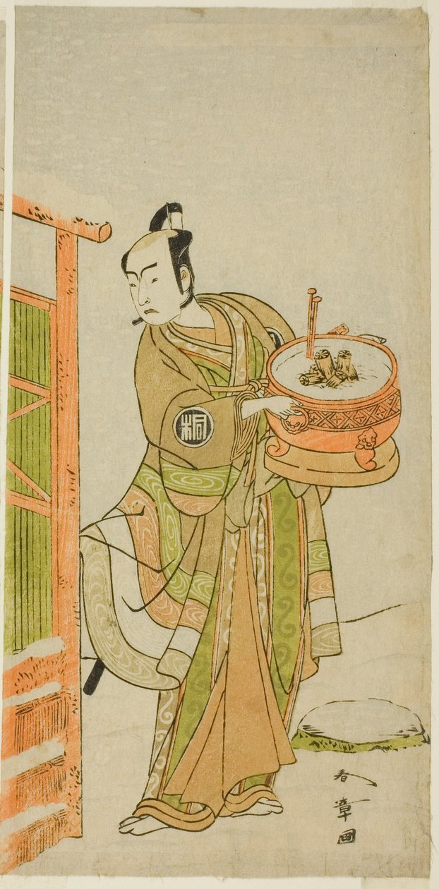 1772 年 11 月に森田座で上演された劇「伊豆暦芝居の願実」で番太に変装した伊藤九郎役の二代目嵐三五郎 作： 勝川春章