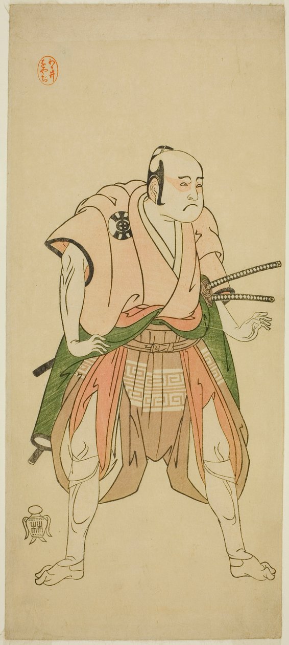 1768年二月、市村座(?)で上演された「秋遠蘇我御返(?)」八幡三郎(?)役の俳優・坂東三八一世(?) 作： 勝川春章