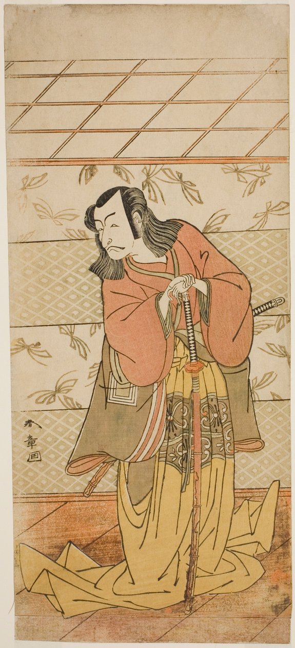 芝居桔梗染女裏方で芦屋道満役の俳優市川團十郎 5 世、1776 年 7 月、森田座で上演 作： 勝川春章