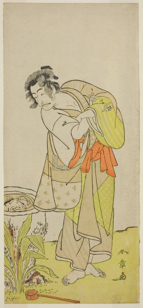 芝居志田楪葉蓬莱蘇我（?）の蘇我土三郎（?）役の俳優市川團十郎五世、1775年正月（?）森田座（?）で上演 作： 勝川春章