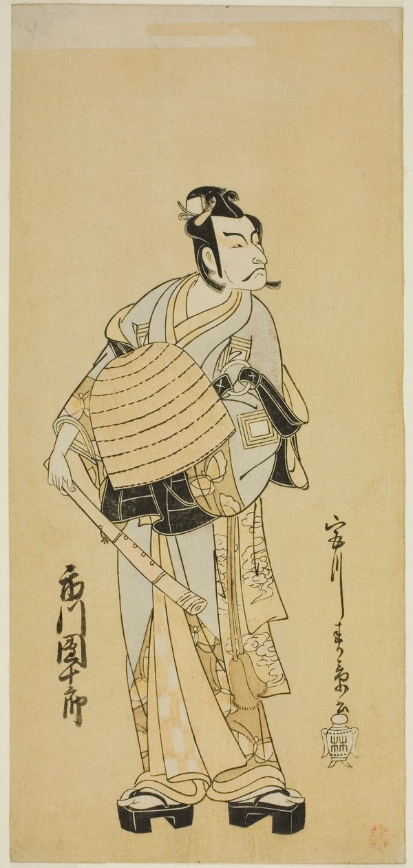 俳優市川團十郎 5 世蘇我五郎 酒井町蘇我年台記で虚無僧に変装 1771 年 1 月中村座で上演 作： 勝川春章