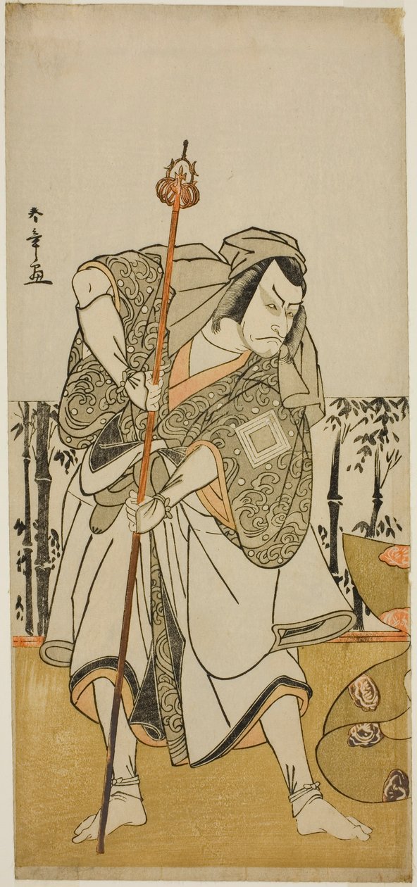 役者市川團十郎対平将門 十一月中村座で上演された将門冠の初雪で巡礼者純情に扮し、 作： 勝川春章