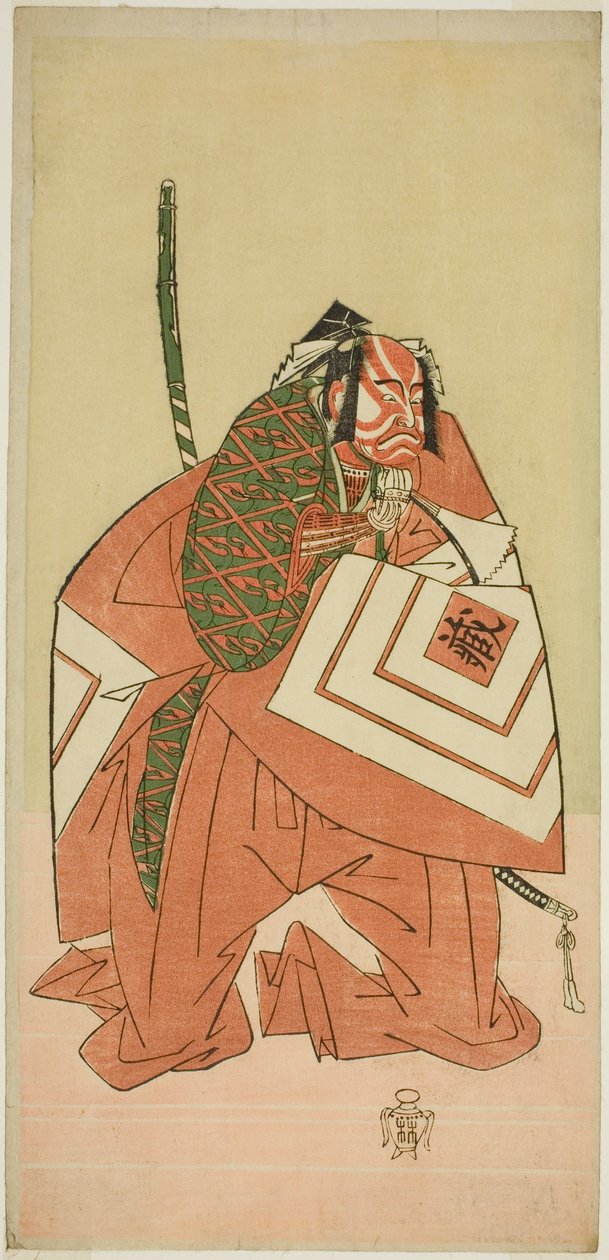 芝居「真田の与一番長の家饗宴」（?）で三代目市川團蔵が真田の与一（?）を演じ、1767年11月に森田座（？）で上演された（？） 作： 勝川春章