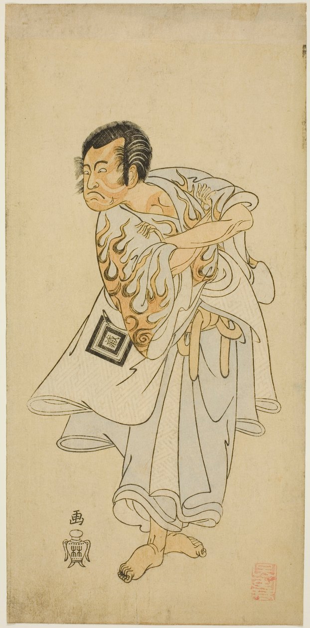 俳優三代目市川團蔵は、1768年3月、森田座で『都鳥東小町』と戯曲『なるかみ』で仙人鳴神を演じた。 作： 勝川春章