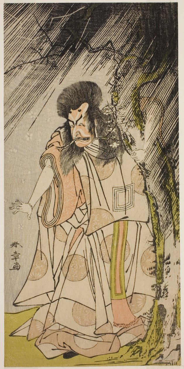 1776 年 8 月に市村座で上演された芝居「菅原伝授手習鏡」で、菅原道真の化身である雷神としての三代目市川海老蔵 作： 勝川春章