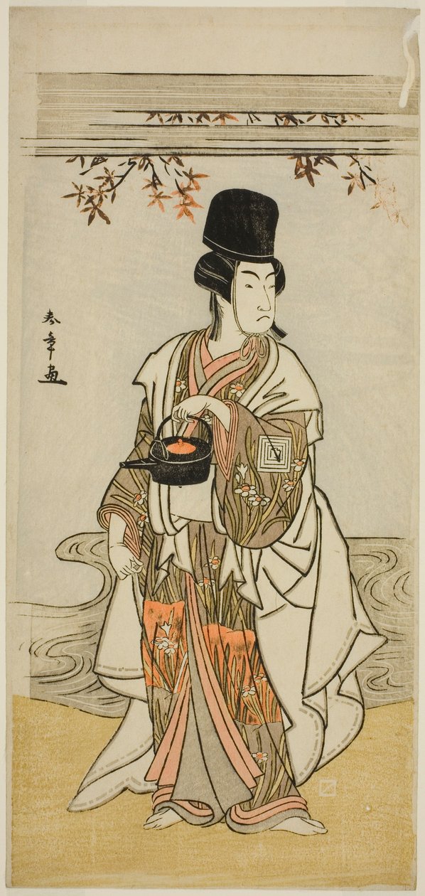1777年11月中村座で上演された劇「将門冠の初雪」で役者の二代目市川門之助が宮廷奉公正平田貞盛を演じる 作： 勝川春章
