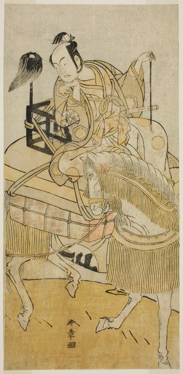 1774 年 11 月、森田座で上演された芝居「一の登美月の顔見世」で松浦左衛門に扮した尾形三郎役の俳優松本幸四郎 4 世 作： 勝川春章