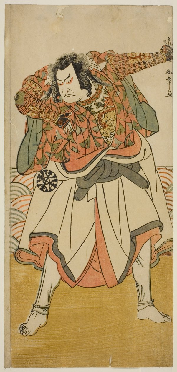 1780 年、第 11 月に中村座で上演された劇「きかえる錦の若夜」で、修行僧に変装した俳優中村中蔵初代 鎮西八郎為朝 作： 勝川春章