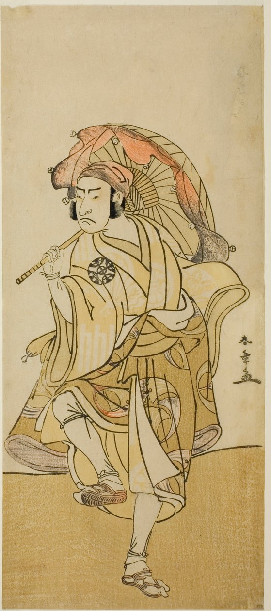 1777 年 11 月に市村劇場で上演された芝居「稚児鳥居 飛び入りきつね」で獅子舞の角兵衛に変装した俳優の中村中蔵初代 作： 勝川春章