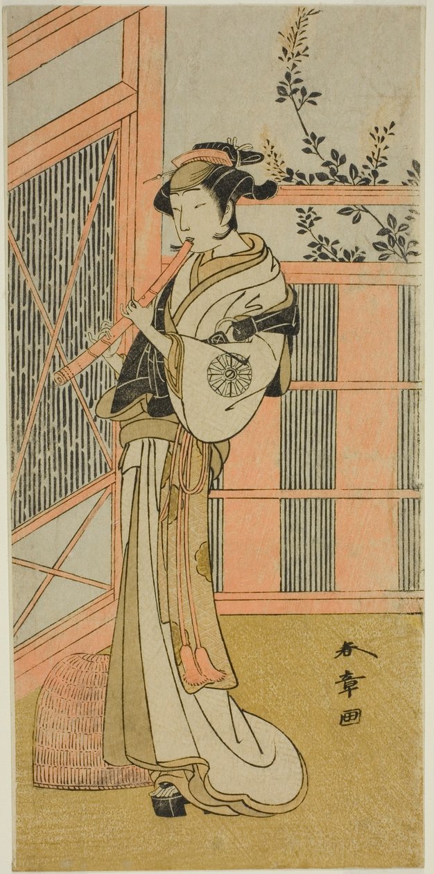 1772 年 2 月に森田座で上演された劇「小袖蔵の手鉤」で虚無僧に変装した操役者の中村能士男 (?) 作： 勝川春章