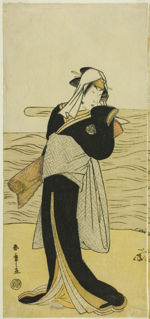 1783 年 5 月に市村劇場で上演された芝居晩成蘇我で、小柴家門の娘花子を演じた初代中村理子。 作： 勝川春章