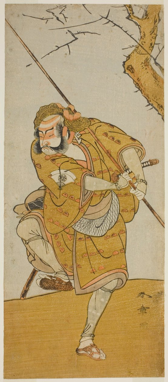 江戸の春名所蘇我で小林の朝比奈に扮した俳優の初代尾上松介 1773 年 3 月に市村座で上演 作： 勝川春章