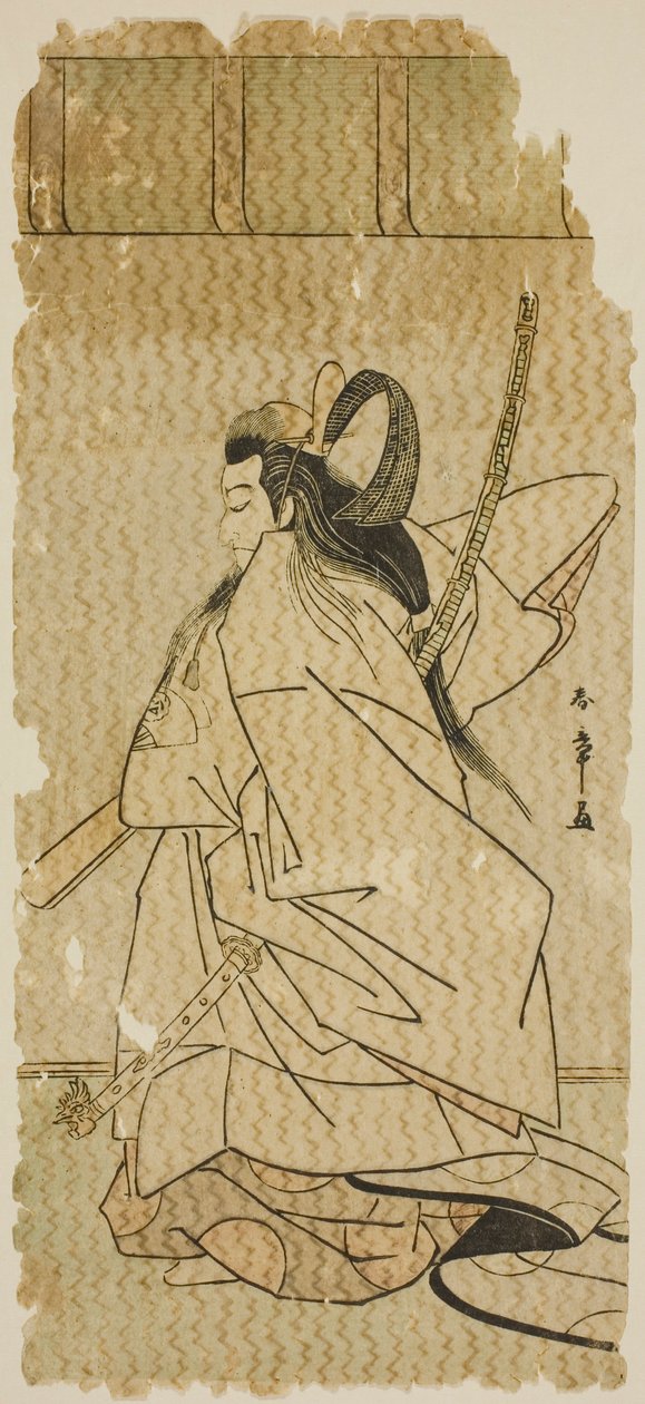 1779 年 11 月、中村劇場で上演された舞台「帰花英雄太平記」で、俳優の初代尾上松介が高教皇子を演じた。 作： 勝川春章