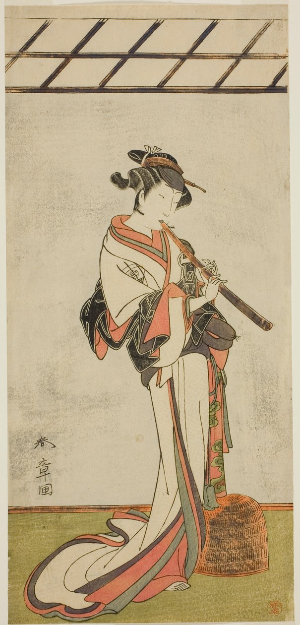 役者尾上民蔵初代大磯寅または華和坂少将、女虚子(?)に変装、戯曲「由比鹿子伊達染曽我(?)」、1774年初月市村座(?)にて上演 (?) 作： 勝川春章