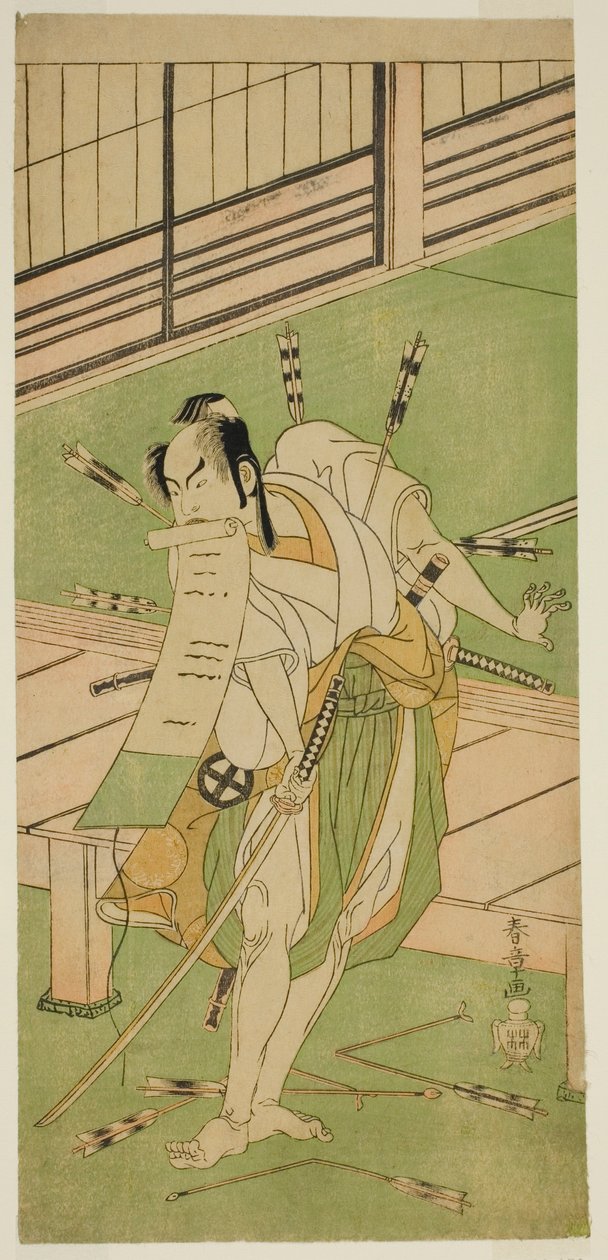 1770 年 7 月に市村劇場で上演された「新定相馬の紋火」で浮島大八に変装した白狐としての三代目大谷浩二 作： 勝川春章