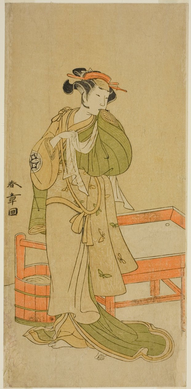 芝居伊豆暦芝居の願実で茂雄役の二代目俳優山下金作、1772年、11月、森田座で上演 作： 勝川春章