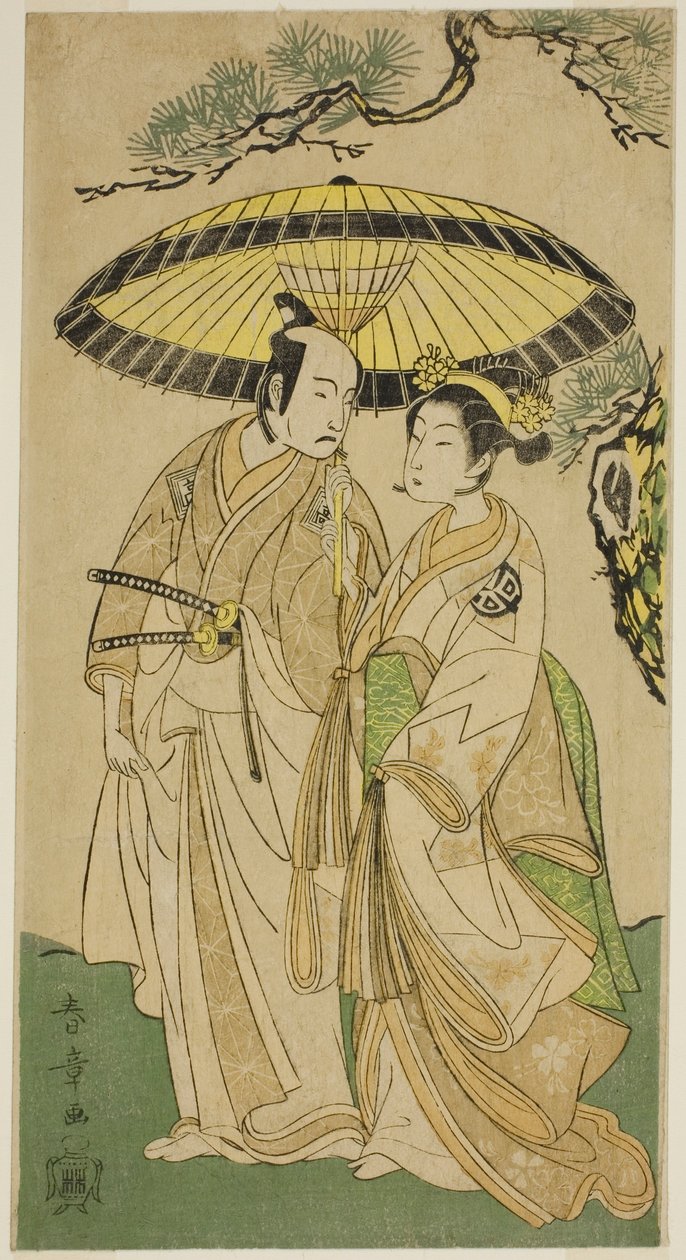 舞台「蘇我桃代愛護の若松」（?）で、初代嵐ひなじ（右）と二代目市川駒蔵（左）がさくら姫（？）と清水殿之助（?）役で出演 劇場 (?) 1769 年第 3 月 (?) 作： 勝川春章