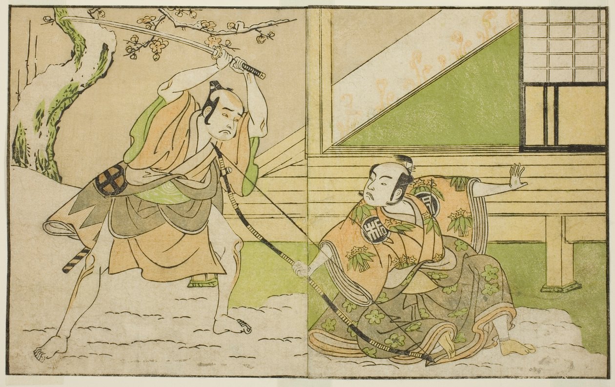 The Actors Arashi Sangoro II as Hojo Tokiyori (right), and Otani Hiroji III as Koga Saburo (left), in the Play Kono Hana Yotsugi no Hachi no Ki, Performed at the Ichimura Theater in the Eleventh Month, 1771 作： 勝川春章