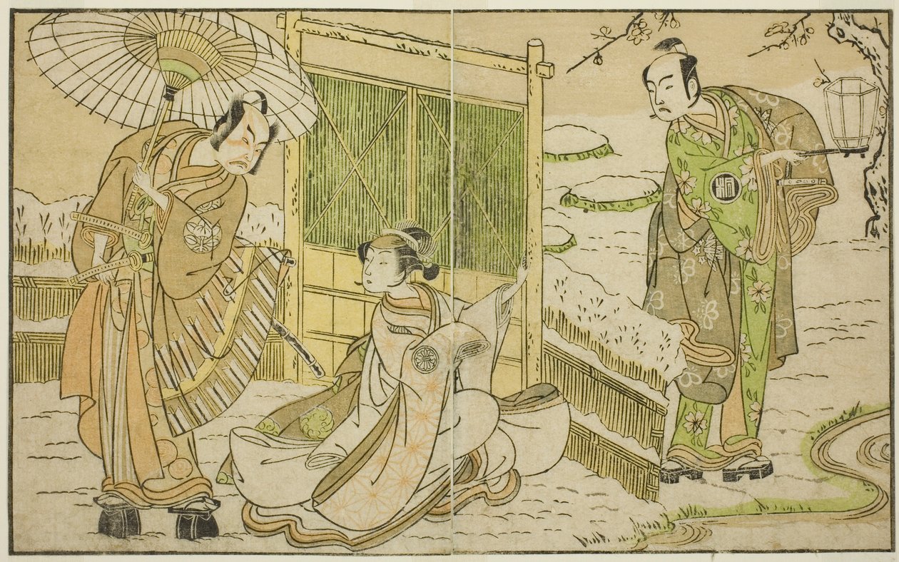 The Actors Arashi Sangoro II as Minamoto no Yoritomo (right), Segawa Kikunojo II as Yuki Onna (center), and Ichimura Uzaemon IX as Kajiwara Genta no Kagetoki, in the Play Myoto-giku Izu no Kisewata, Performed at the Ichimura Theater in the Eleventh Month, 作： 勝川春章