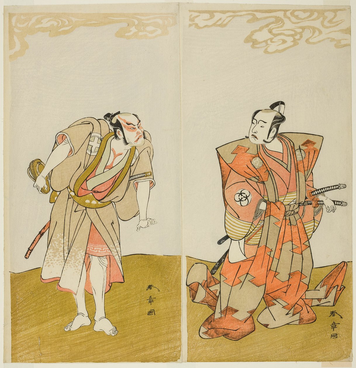 芝の川勝役の初代坂東光五郎（右）と三代目大谷広右衛門役の野郎雁助（左） 宮柱巌の舞台 t の 15 日目の劇場 作： 勝川春章