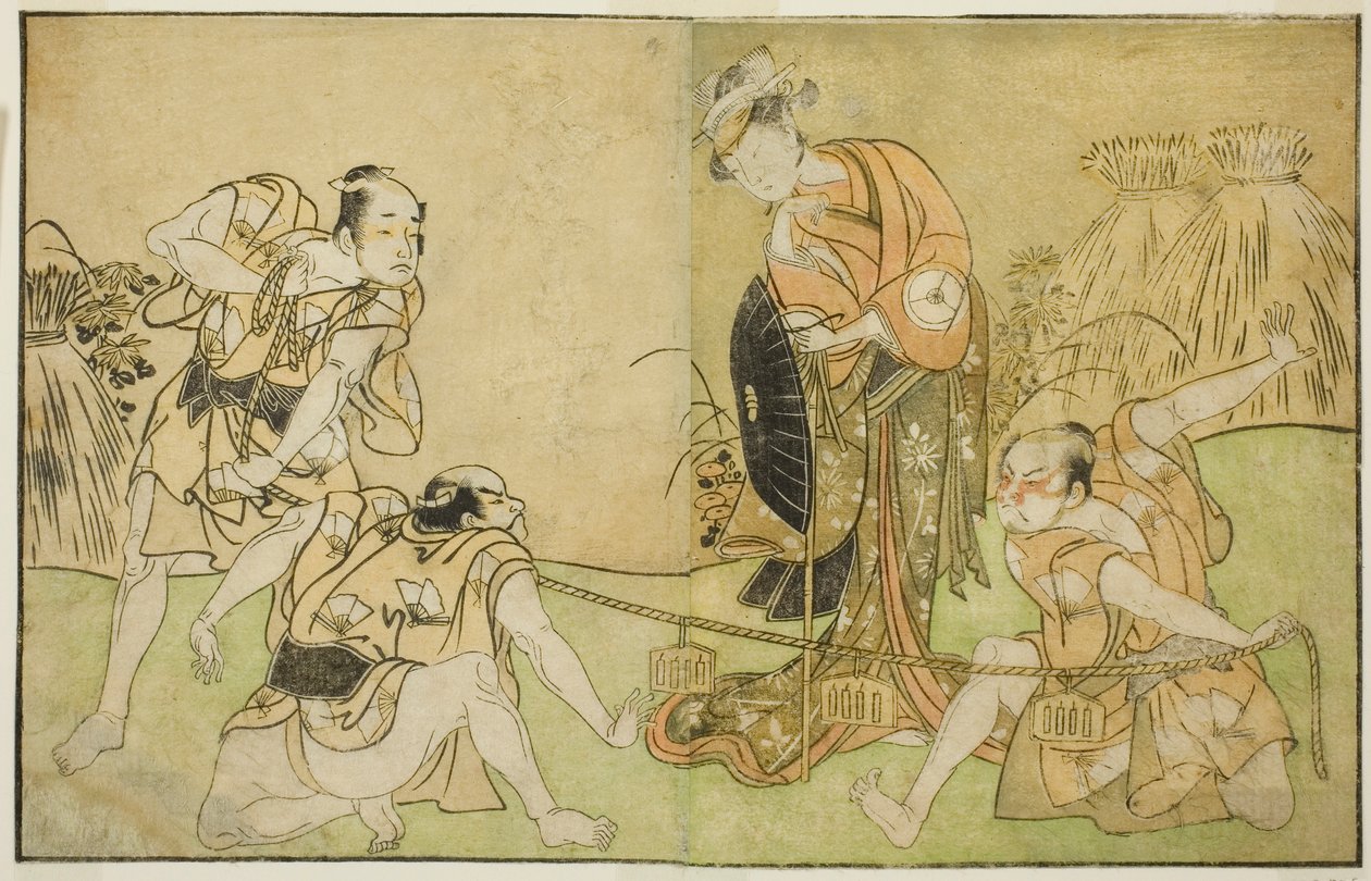 The Actors Bando Zenji I as Nagahashi Saburo, Iwai Hanshiro IV as Otatsu-gitsune, Nakamura Konozo as Hagai Ujitsune, and an Unidentified Actor (right to left), in the Play Nue no Mori Ichiyo no Mato, Performed at the Nakamura Theater in the Eleventh Month, 作： 勝川春章