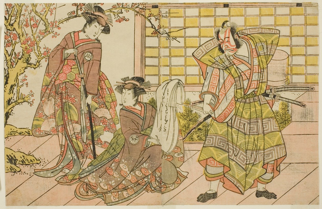 The Actors Ichikawa Danjuro V as Miura Kunitae (right), Segawa Kikunojo III as Yasukata (center), and Iwai Hanshiro IV as Utou (left), in the Play Godai Genji Mitsugi no Furisode, Performed at the Nakamura Theater in the Eleventh Month, 1782 作： 勝川春章