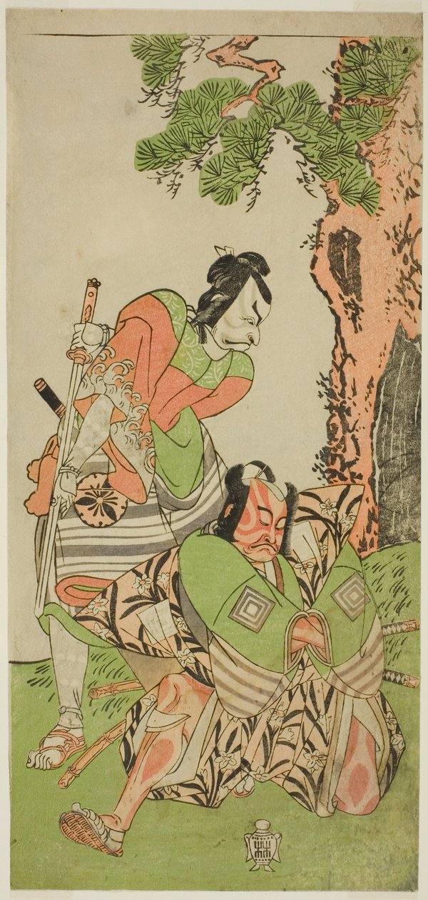 The Actors Ichikawa Danzo III as I no Hayata Tadazumi (right), and Matsumoto Koshiro II as Osada no Taro Kagemune Disguised as Yatsurugi Zaemon (left), in the Play Nue no Mori Ichiyo no Mato, Performed at the Nakamura Theater in the Eleventh Month, 1770 作： 勝川春章
