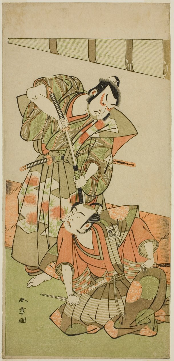 The Actors Ichikawa Yaozo II as Konoshita Hyokichi (?) (right), and Sakata Hangoro II as Matsunaga Daizen Hisahide (?) (left), in the Play Gion Sairei Shinko Ki (?), Perfomred at the Ichimura Theater (?) in the Fifth Month, 1775 (?) 作： 勝川春章