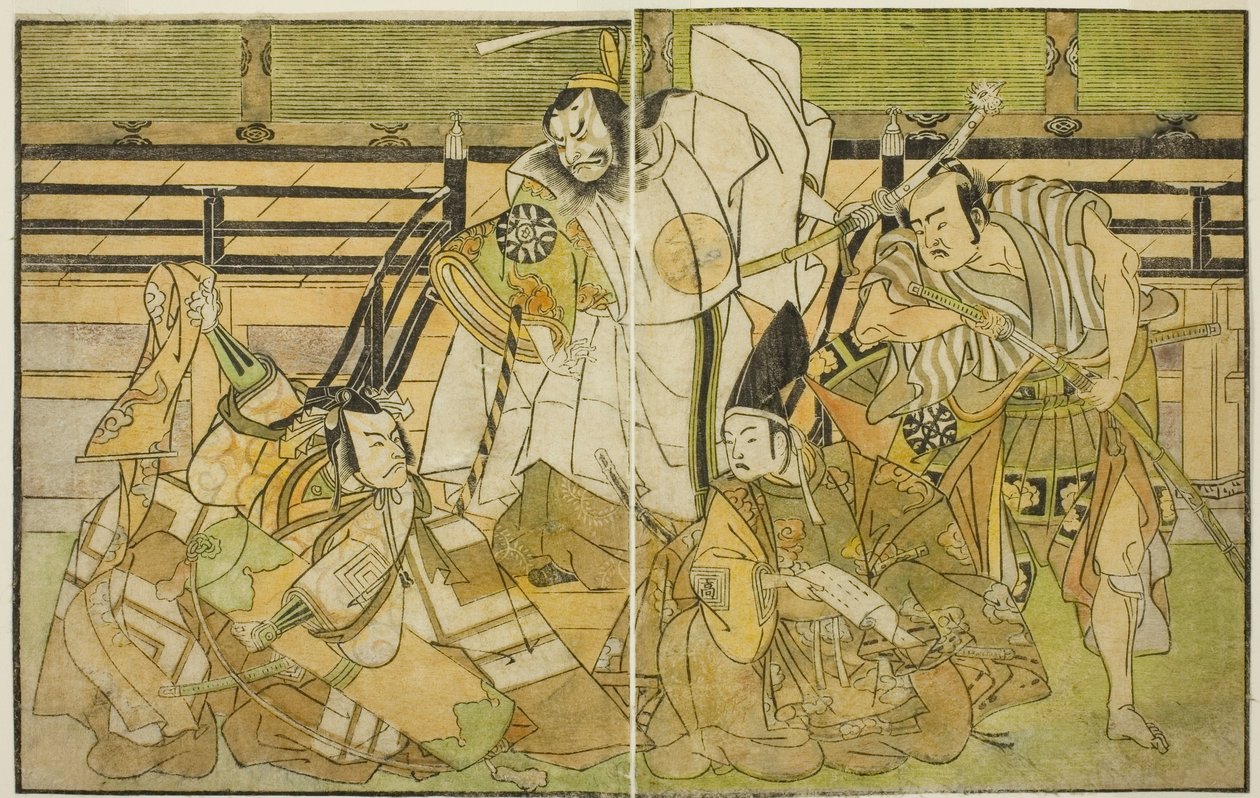 The Actors Nakamura Denkuro II as Seno-o Taro, Ichikawa Komazo II as Yorimasa, Nakamura Nakazo I as Taira no Kiyomori, and Ichikawa Danjuro V as Kiou Takiguchi (right to left), in the Play Nue no Mori Ichiyo no Mato, Performed at the Nakamura Theater in th 作： 勝川春章