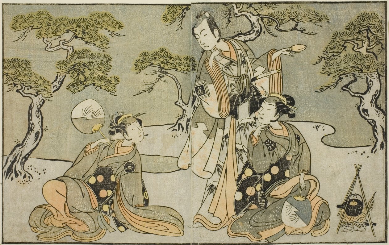 The Actors Nakamura Nakazo I as Matsukaze (right), Ichikawa Komazo II as Ariwara no Yukihira (center), and Iwai Hanshiro IV as Murasame (left), in the Play Kuni no Hana Ono no Itsumoji, Performed at the Nakamura Theater in the Eleventh Month, 1771 作： 勝川春章