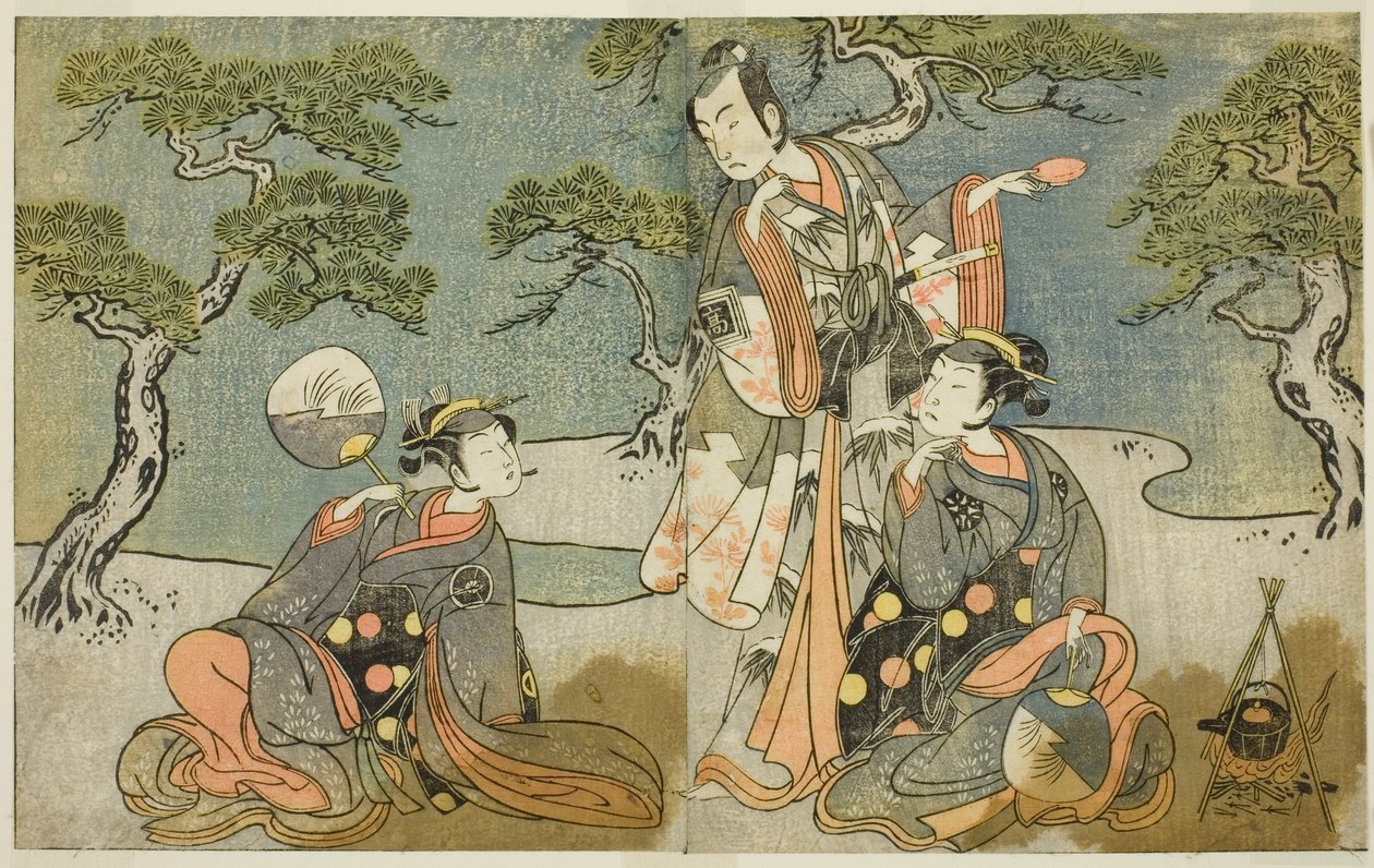 The Actors Nakamura Nakazo I as Matsukaze (right), Ichikawa Komazo II as Ariwara no Yukihira (center), and Iwai Hanshiro IV as Murasame (left), in the Play Kuni no Hana Ono no Itsumoji, Performed at the Nakamura Theater in the Eleventh Month, 1771 作： 勝川春章