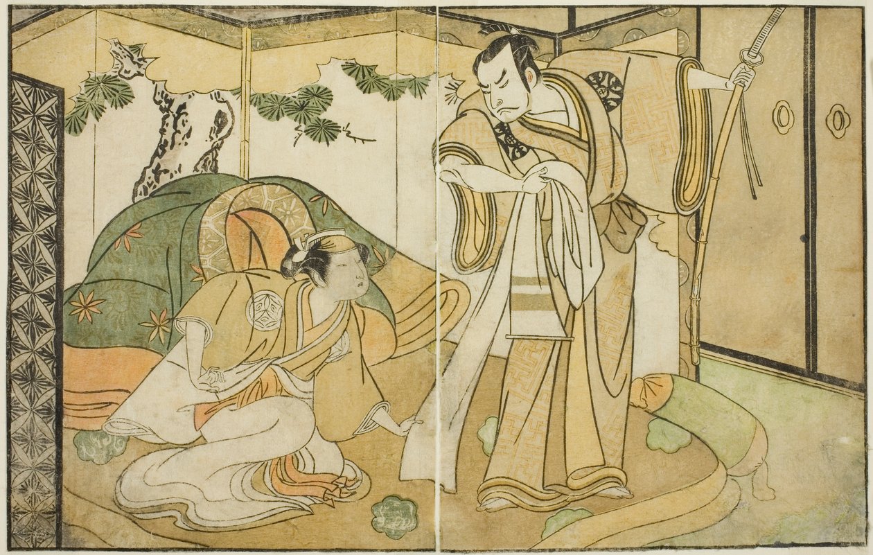 The Actors Nakamura Nakazo I as Taira no Kiyomori (right), and Yamashita Kinsaku II as Tokiwa Gozen (left), in the Play Nue no Mori Ichiyo no Mato, Performed at the Nakamura Theater in the Eleventh Month, 1770 作： 勝川春章