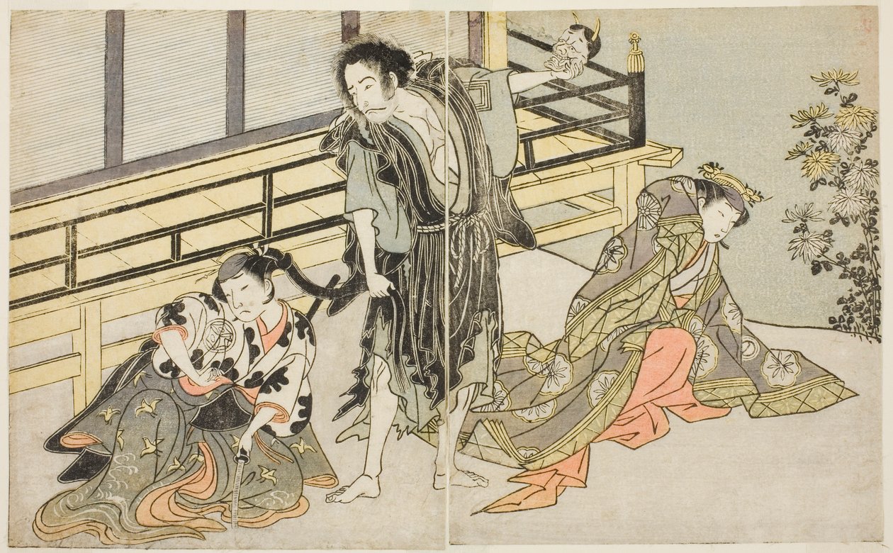 The Actors Nakamura Noshio I as Nyosan no Miya (right), Ichikawa Danjuro V as the Renegade Monk Yochin (center), and Yamashita Kinsaku II as the Maid Mutsuhana (left), in the Play Fuki Kaete Tsuki mo Yoshiwara, Performed at the Morita Theater in the Eleven 作： 勝川春章