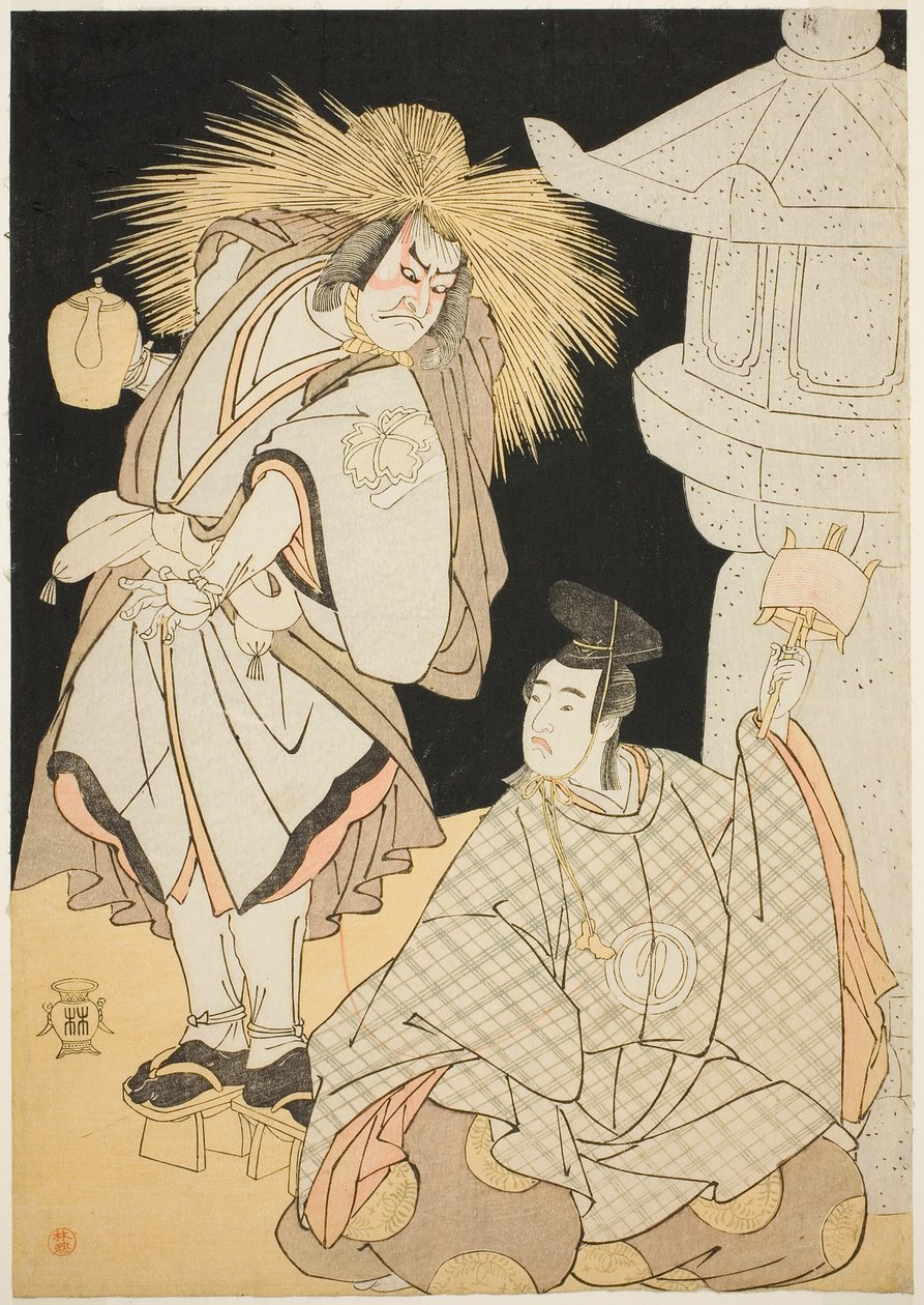 六代目中山小十郎は祇園神社の街灯夫に扮した長田太郎景宗（現実では八丁つぶての喜平寺）（左）と三代目澤村宗十郎は小松重盛（右）。 雪物竹を弾く 作： 勝川春章