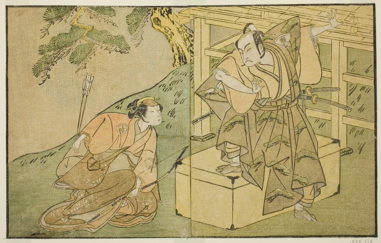 The Actors Onoe Matsusuke I as Akaboshi Taro (right), and Azuma Tozo II as Shirotae (left), in the Play Kono Hana Yotsugi no Hachi no Ki, Performed at the Ichimura Theater in the Eleventh Month, 1771 作： 勝川春章