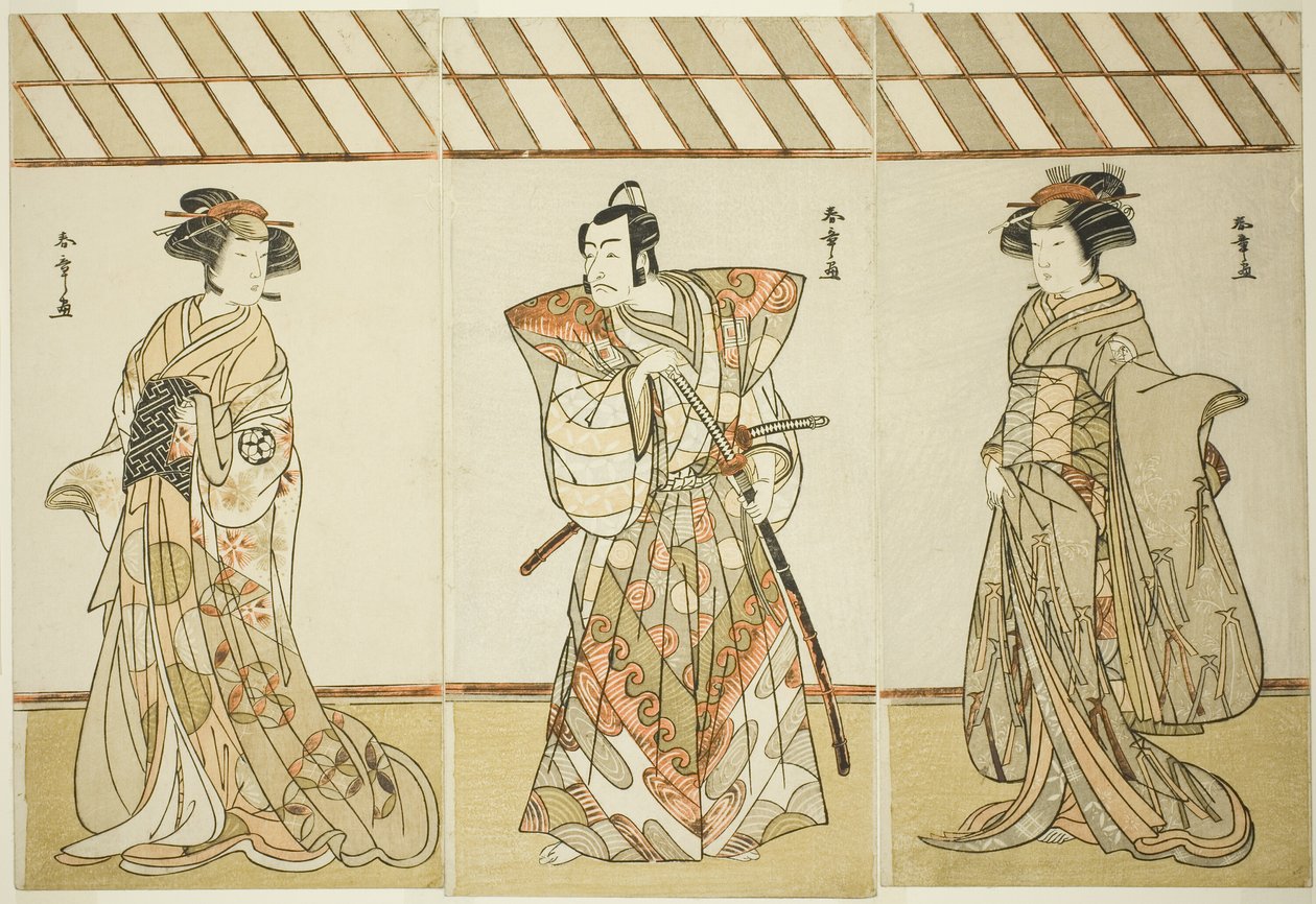 The Actors Onoe Tamizo I as Nishikigi (?) or Otae (?) (right), Ichikawa Danjuro V as Miura Heidayu Kunitae (?) (center), and Osagawa Tsuneyo II as Oyuki (?) (left), in the Play Date Nishiki Tsui no Yumitori (?), Performed at the Morita Theater (?) in the E 作： 勝川春章
