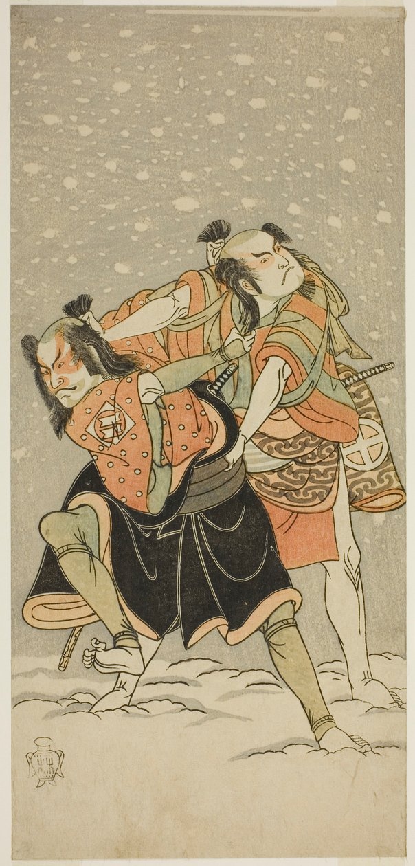 1768 年 9 月に市村劇場で上演された「姫小松根の日あそび」のカメオ (右) としての三代目大谷広治、アリオ (左) としての初代坂田佐十郎 作： 勝川春章