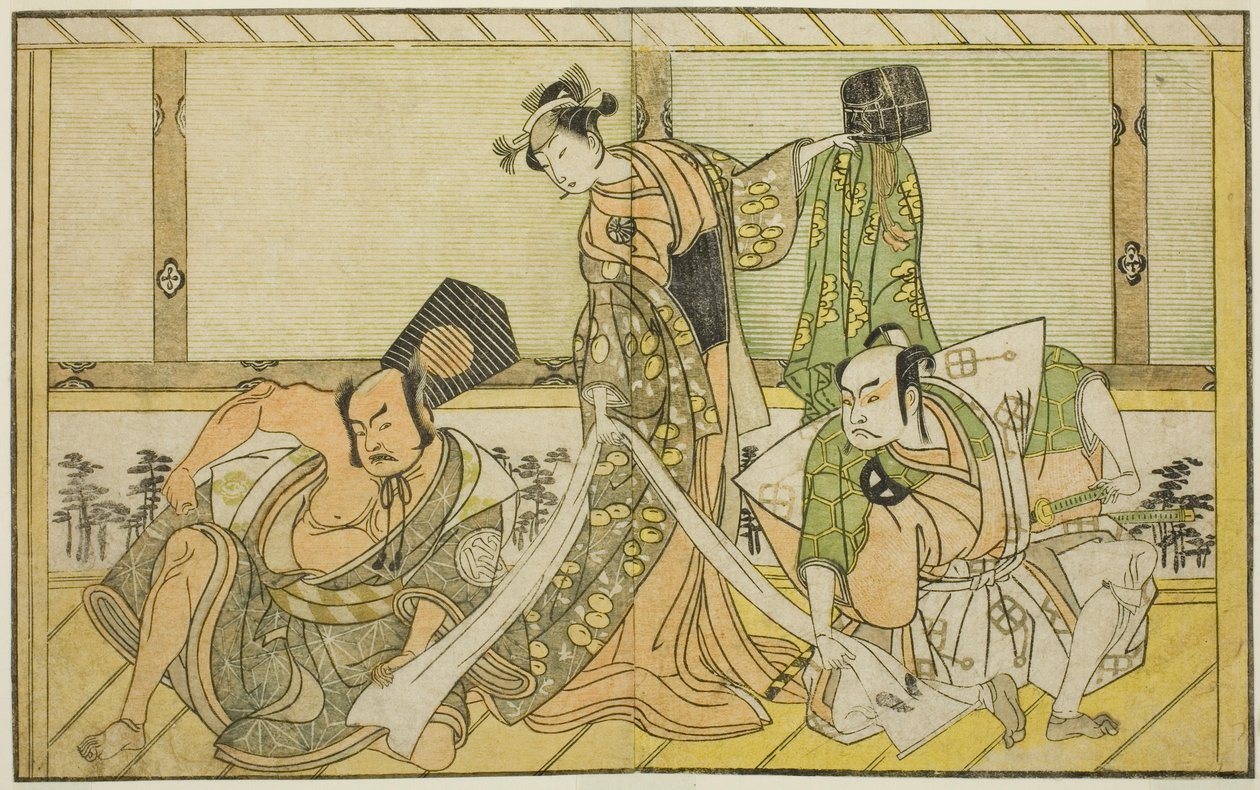 The Actors Otani Hiroji III as Kawazu no Saburo (right), Segawa Kikunojo II as Princess Tatsu (Tatsu Hime) (center), and Nakamura Sukegoro II as Matano no Goro (left), in the Play Myoto-giku Izu no Kisewata, Performed at the Ichimura Theater in the Elevent 作： 勝川春章