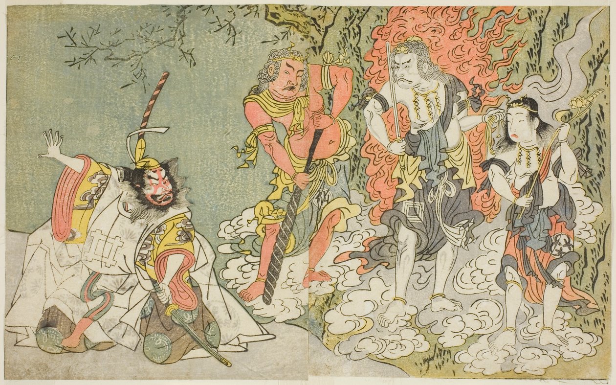 The Actors Sawamura Kijuro I as Ikazuchi Shinno, Prince of Thunder (far left), Ichikawa Danjuro V as the Buddhist Deity Fudo (second from left), Nakamura Sukegoro II as Seitaka Doji (second from right), and Bando Mitsugoro I as Kongara Doji (far right), in 作： 勝川春章