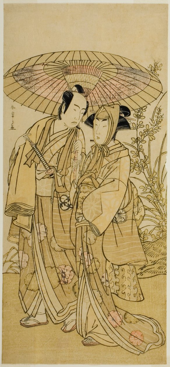 1781 年 4 月市村座で上演された劇「歌舞伎の花万代曽我」で、三代目瀬川菊之丞（右）お千代役、初代坂東光五郎（左）八百屋半兵衛 作： 勝川春章