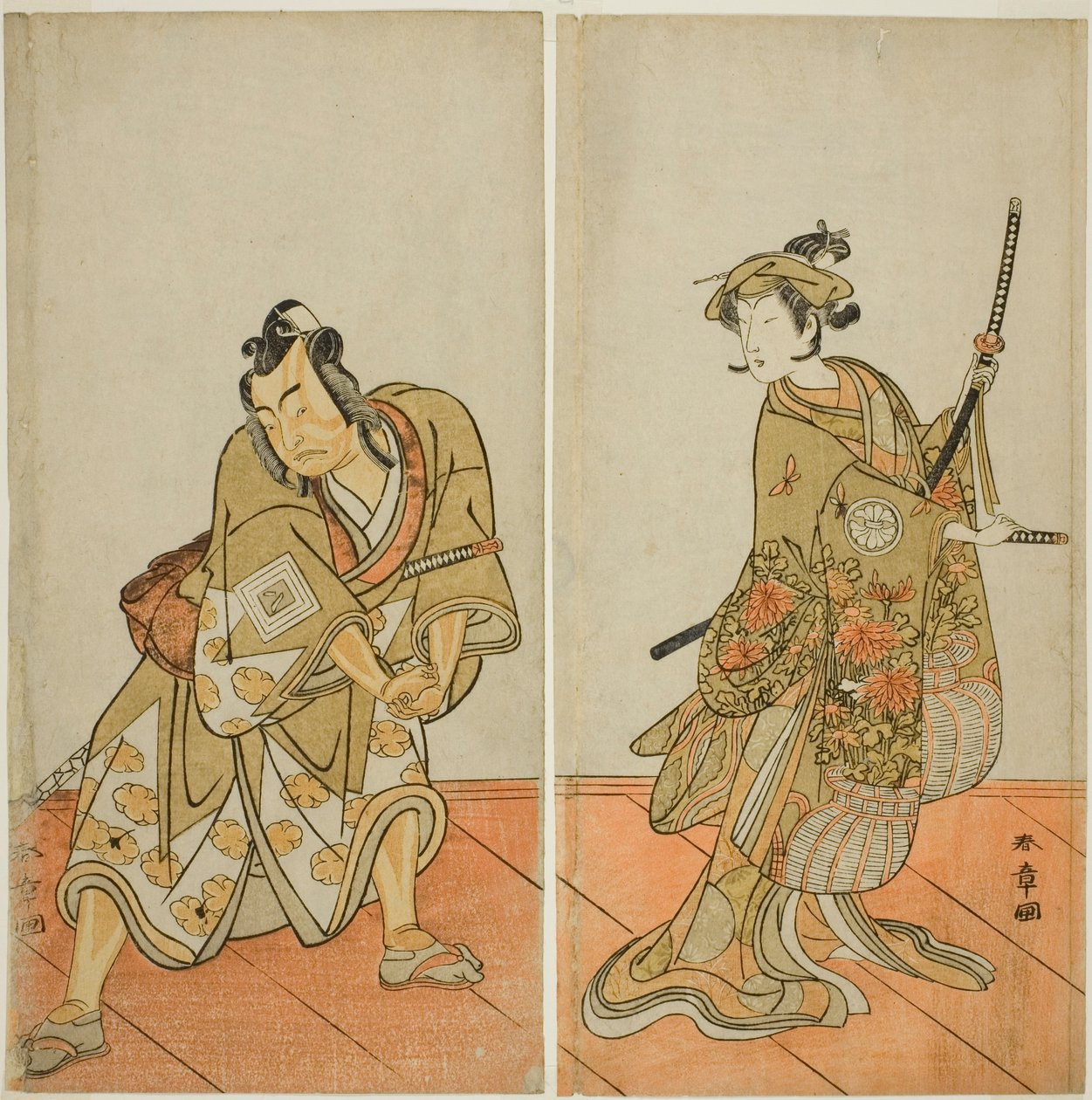 The Actors Segawa Kikunojo III as Aigo no Waka (right), and Ichikawa Yaozo II as Hachio-maru Aratora (left), in the Play Chigo Sakura Jusan Kane, Performed at the Ichimura Theater in the Eleventh Month, 1774 作： 勝川春章