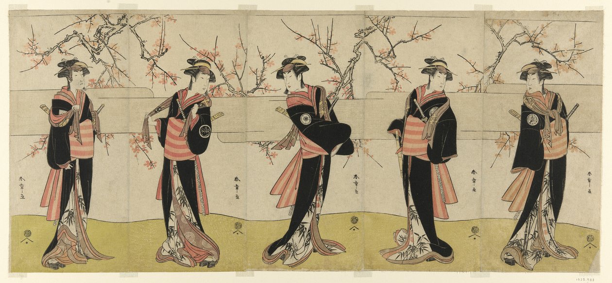 The Actors Segawa Kikunojo III as Karigane Obun, Nakayama Tomisaburo I as An no Oyasu, Iwai Kiyotaro II as Kaminari no Osha, Nakayama Tatezo I as Gokuin no Osen, and Ichikawa Monnosuke II as Hotei no Oichi (right to left), in "Gonin Onna," Scene One of the 作： 勝川春章