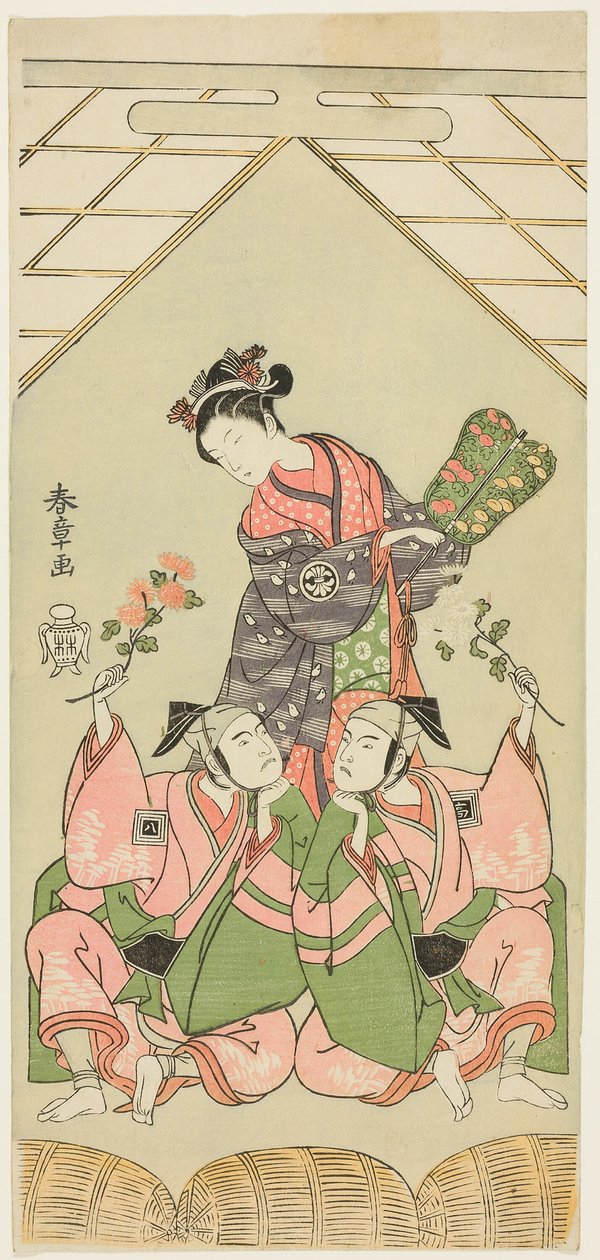 The Actors Segawa Kikunojo II as the Wet Nurse Reizei, Ichikawa Komazo I as Suruga no Hachiro in the Guise of the Shamisen Player Kichiroku (right), and Ichikawa Yaozo II as Tada no Kurando in the Guise of the Palanquin Bearer Kichinai (left), in the Scene 作： 勝川春章