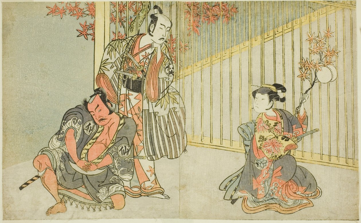 The Actors Yamashita Kinsaku II as Mutsuhana (right), Bando Mitsugoro I as Kashiwagi no Emon (center), and Nakamura Sukegoro II as Akamatsu Mushanosuke (left), in the Play Fuki Kaete Tsuki mo Yoshiwara (Rethatched Roof: The Moon also Shines Over the Yoshiw 作： 勝川春章