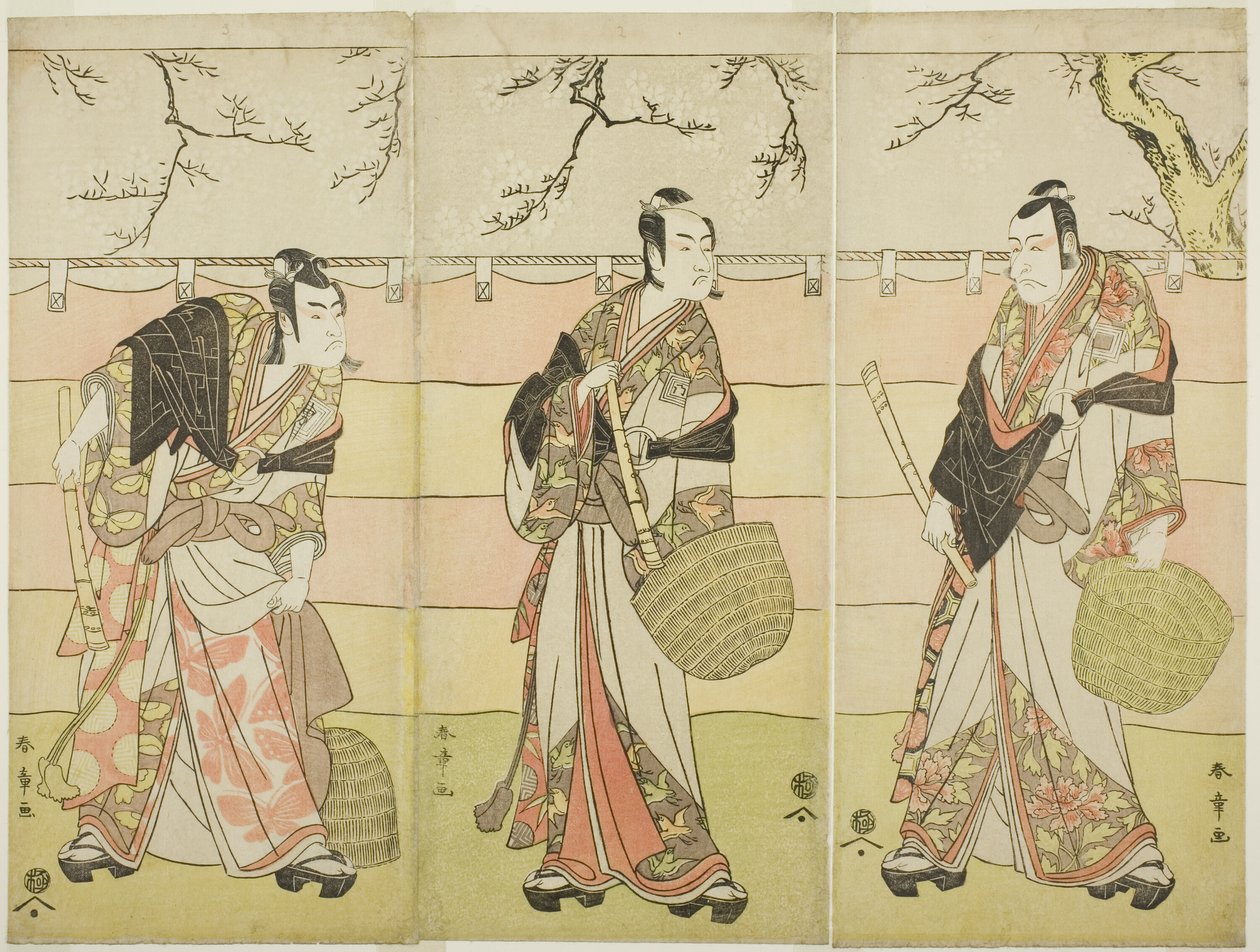Three Komuso Monks: The Actors Ichikawa Ebizo (Danjuro V) as Kudo Suketsune (right), Ichikawa Monnosuke II as Soga no Juro Sukenari (center), and Ichikawa Omezo I as Soga no Goro Tokimune (left), in Act Six of the Play Waka Murasaki Edokko Soga (Pale Purpl 作： 勝川春章